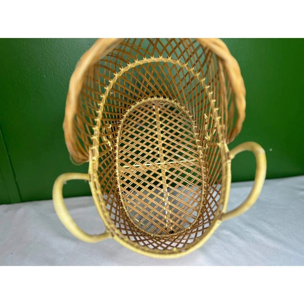 Vintage Wicker Doll Bassinet Miniature Rattan Cradle Hooded Basket Boho Decor